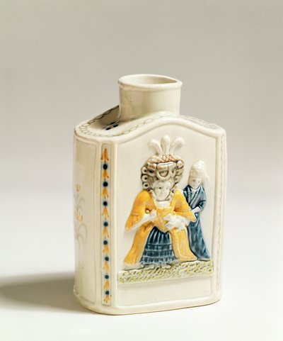 Prattware tea caddy, decorated with caricatures of ladies fashions, c.1790-1800 by English School